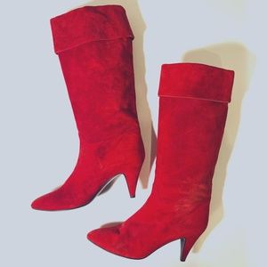 Vintage Italian Bright Red Suede Leather Heeled Boots - Size 6